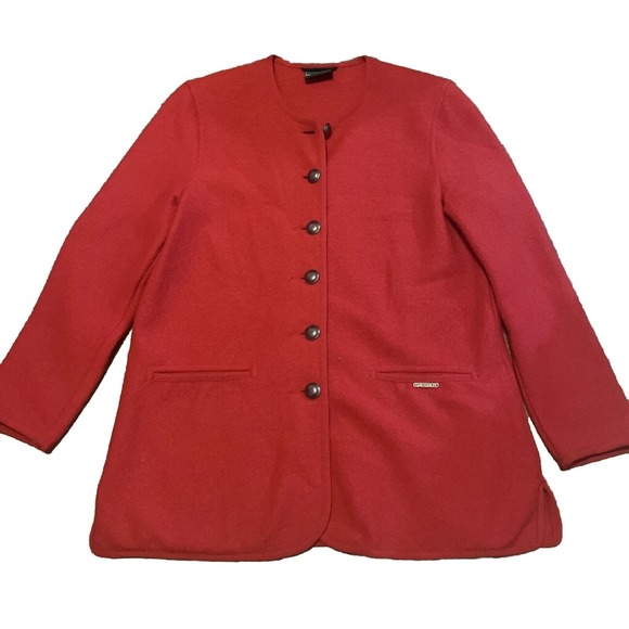 Geiger Tyrol Austria Boiled Pure Wool Button Up Cardigan Jacket Red 36 Small Med - Picture 1 of 7